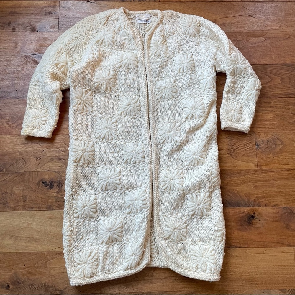 Vintage Cream Flower Textured 100% Wool Duster Long Open Cardigan size Medium - Picture 5 of 12